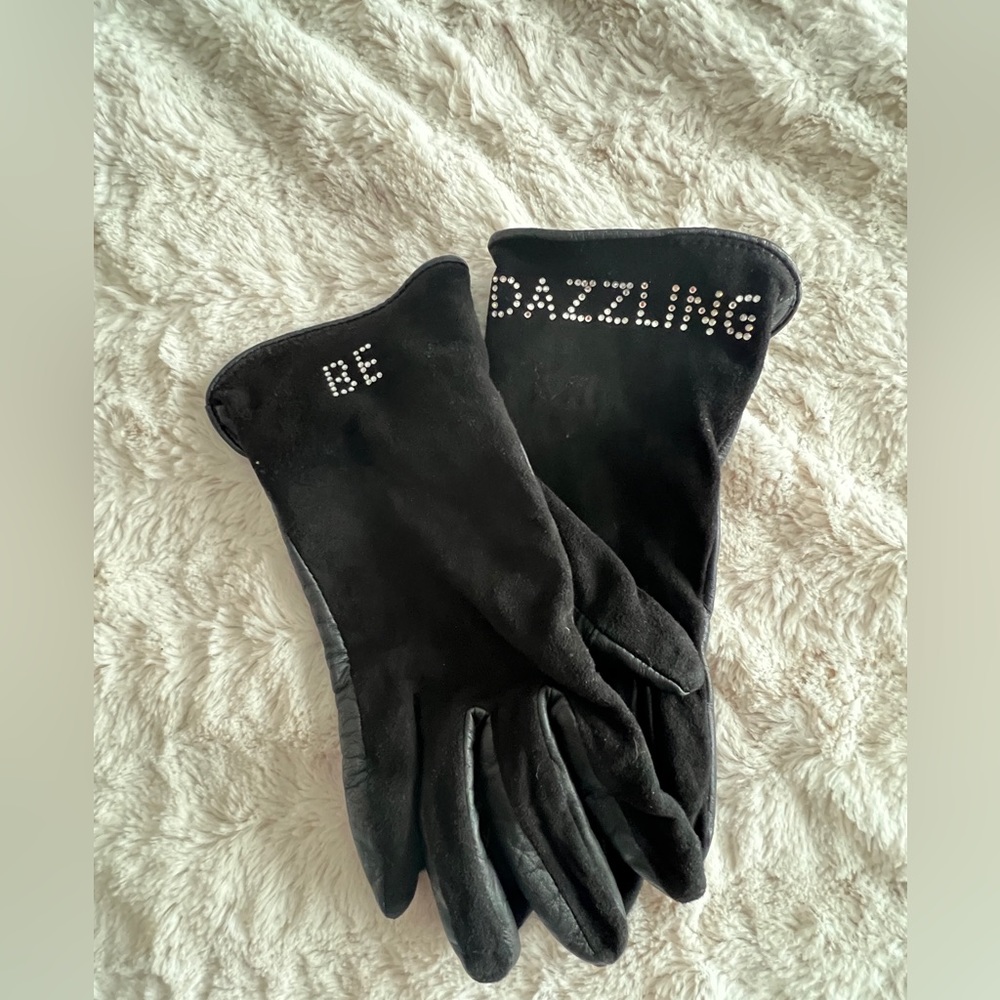 Kate Spade Bling Be Dazzling Black Leather Suede Tech Gloves